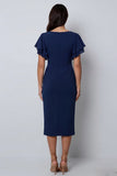 Bodycon marineblauwe fladdermouwen V-hals midi werkjurk met split