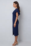 Bodycon marineblauwe fladdermouwen V-hals midi werkjurk met split