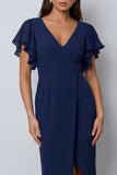 Bodycon marineblauwe fladdermouwen V-hals midi werkjurk met split