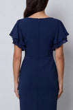 Bodycon marineblauwe fladdermouwen V-hals midi werkjurk met split