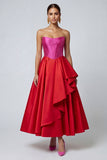 Fuchsia en rood strapless A-lijn korset met ruches midi formele jurk