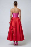 Fuchsia en rood strapless A-lijn korset met ruches midi formele jurk