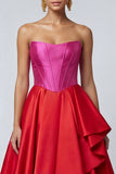 Fuchsia en rood strapless A-lijn korset met ruches midi formele jurk