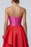 Fuchsia en rood strapless A-lijn korset met ruches midi formele jurk