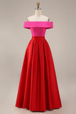 Off-the-shoulder fuchsia en rood A-lijn kleurenblok midi formele jurk