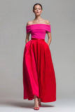 Off-the-shoulder fuchsia en rood A-lijn kleurenblok midi formele jurk