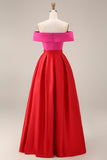 Off-the-shoulder fuchsia en rood A-lijn kleurenblok midi formele jurk