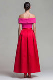 Off-the-shoulder fuchsia en rood A-lijn kleurenblok midi formele jurk