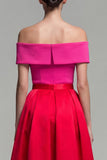 Off-the-shoulder fuchsia en rood A-lijn kleurenblok midi formele jurk