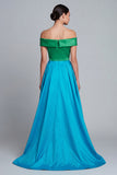 Off-the-shoulder groen en blauw A-lijn satijn asymmetrische formele jurk