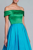 Off-the-shoulder groen en blauw A-lijn satijn asymmetrische formele jurk