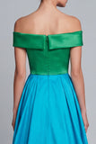 Off-the-shoulder groen en blauw A-lijn satijn asymmetrische formele jurk