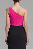 Fuchsia en zwart korset met één schouder zeemeermin lange formele jurk met split