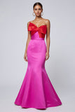 Fuchsia en rode zeemeermin strapless lange formele jurk met strik