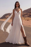Spaghetti Straps A Line Ivory Maxi Beach Trouwjurk met split