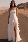 Strapless A Line Ivory Maxi strandtrouwjurk met ruches