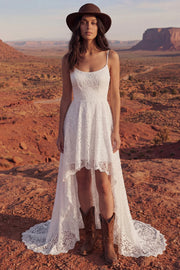 A Line Spaghetti Straps Ivoor Floral Lace High Low Boho trouwjurk