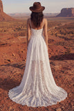 A Line Spaghetti Straps Ivoor Floral Lace High Low Boho trouwjurk