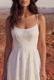 A Line Spaghetti Straps Ivoor Floral Lace High Low Boho trouwjurk