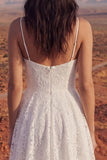 A Line Spaghetti Straps Ivoor Floral Lace High Low Boho trouwjurk