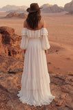 Off-the-shoulder maxi A Line Ivory Beach trouwjurk met ruches