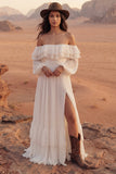 Off-the-shoulder maxi A Line Ivory Beach trouwjurk met ruches