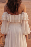 Off-the-shoulder maxi A Line Ivory Beach trouwjurk met ruches