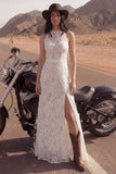 Ivory A Line Kanten lange boho-trouwjurk met hoge hals en split