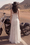 Ivory A Line Kanten lange boho-trouwjurk met hoge hals en split