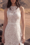 Ivory A Line Kanten lange boho-trouwjurk met hoge hals en split