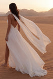 Ivory A Line Spaghetti Bandjes lange boho trouwjurk met sjaal