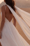 Ivory A Line Spaghetti Bandjes lange boho trouwjurk met sjaal