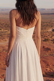Eenvoudige ivoorkleurige strapless A-lijn Long Beach trouwjurk met split
