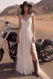 Ivoorkleurige V-hals A Line Lace Beach lange trouwjurk met split