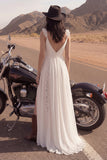 Ivoorkleurige V-hals A Line Lace Beach lange trouwjurk met split