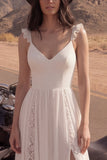 Ivoorkleurige V-hals A Line Lace Beach lange trouwjurk met split
