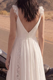Ivoorkleurige V-hals A Line Lace Beach lange trouwjurk met split