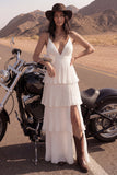 Ivory A Line Spaghetti Straps Lange Geplooide Strandtrouwjurk met ruches