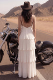 Ivory A Line Spaghetti Straps Lange Geplooide Strandtrouwjurk met ruches