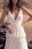 Ivory A Line Spaghetti Straps Lange Geplooide Strandtrouwjurk met ruches