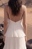 Ivory A Line Spaghetti Straps Lange Geplooide Strandtrouwjurk met ruches