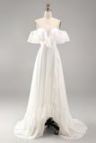 Ivoor Off the Shoulder A-lijn Maxi Beach trouwjurk met ruches
