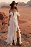 Ivoor Off the Shoulder A-lijn Maxi Beach trouwjurk met ruches