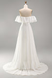 Ivoor Off the Shoulder A-lijn Maxi Beach trouwjurk met ruches