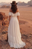Ivoor Off the Shoulder A-lijn Maxi Beach trouwjurk met ruches