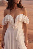Ivoor Off the Shoulder A-lijn Maxi Beach trouwjurk met ruches
