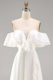 Ivoor Off the Shoulder A-lijn Maxi Beach trouwjurk met ruches