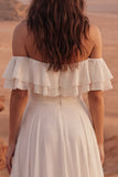 Ivoor Off the Shoulder A-lijn Maxi Beach trouwjurk met ruches