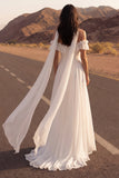 Ivoorkleurige halssjaal A Line Chiffon Strand Bruidjurk met ruches