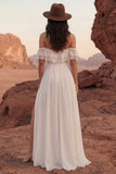 Eenvoudige ivoor off-the-shoulder Long Beach trouwjurk met split